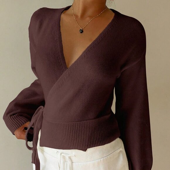 Chocolate Brown Casual Women's Wrap Tie Front Cardigan - Picture 4 of 7